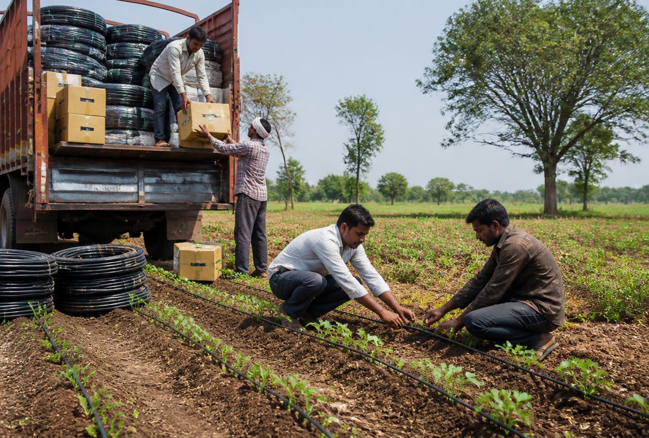 Subsidised drip irrigation equipment being unloaded and installed in a field