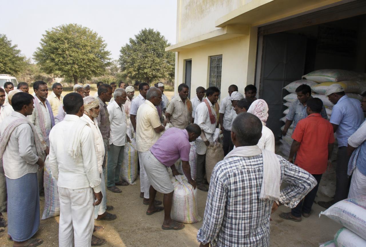 Farmers collecting input sacks at a village cooperative society building