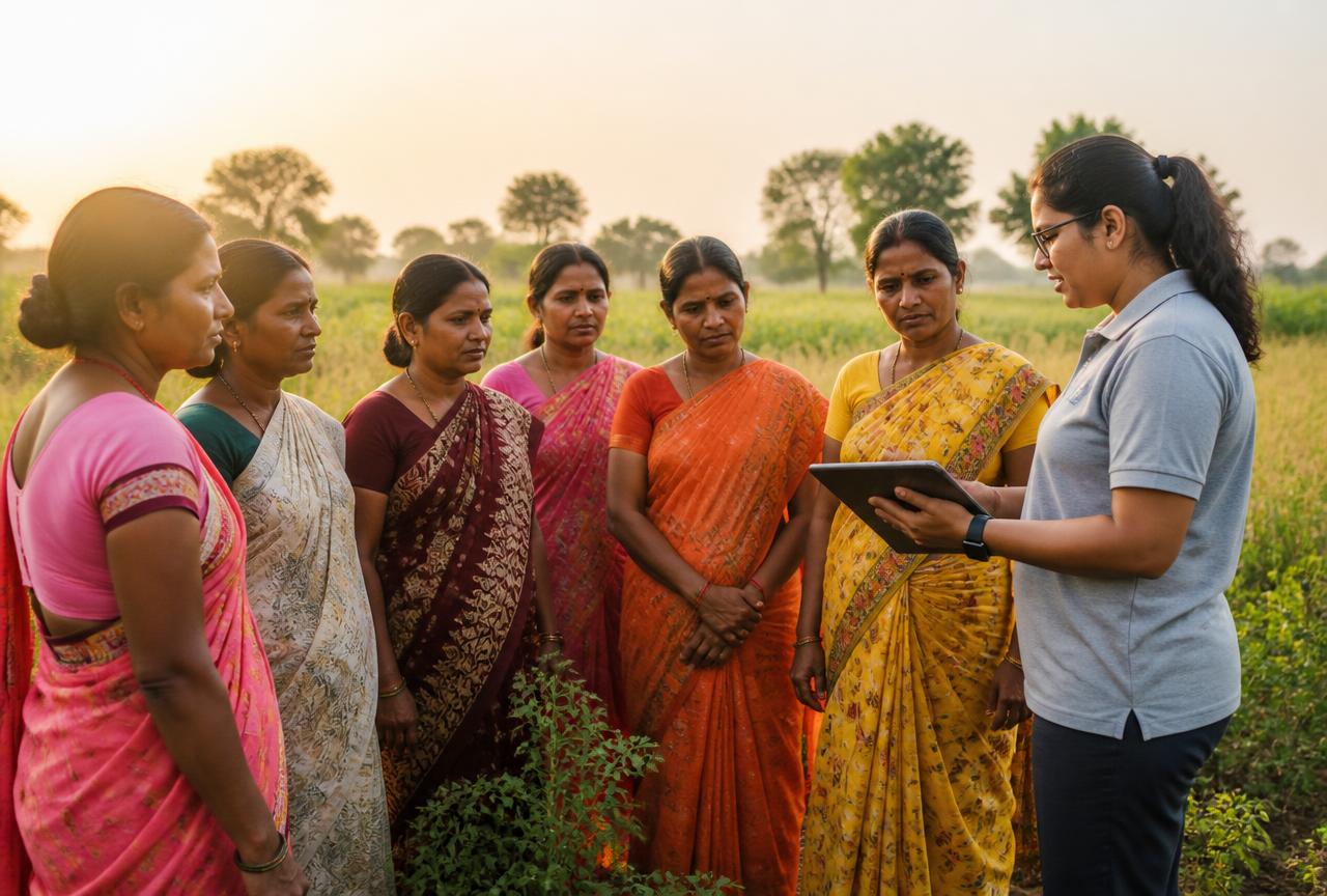 Women's self-help group meeting an agronomist in a field at golden hour
