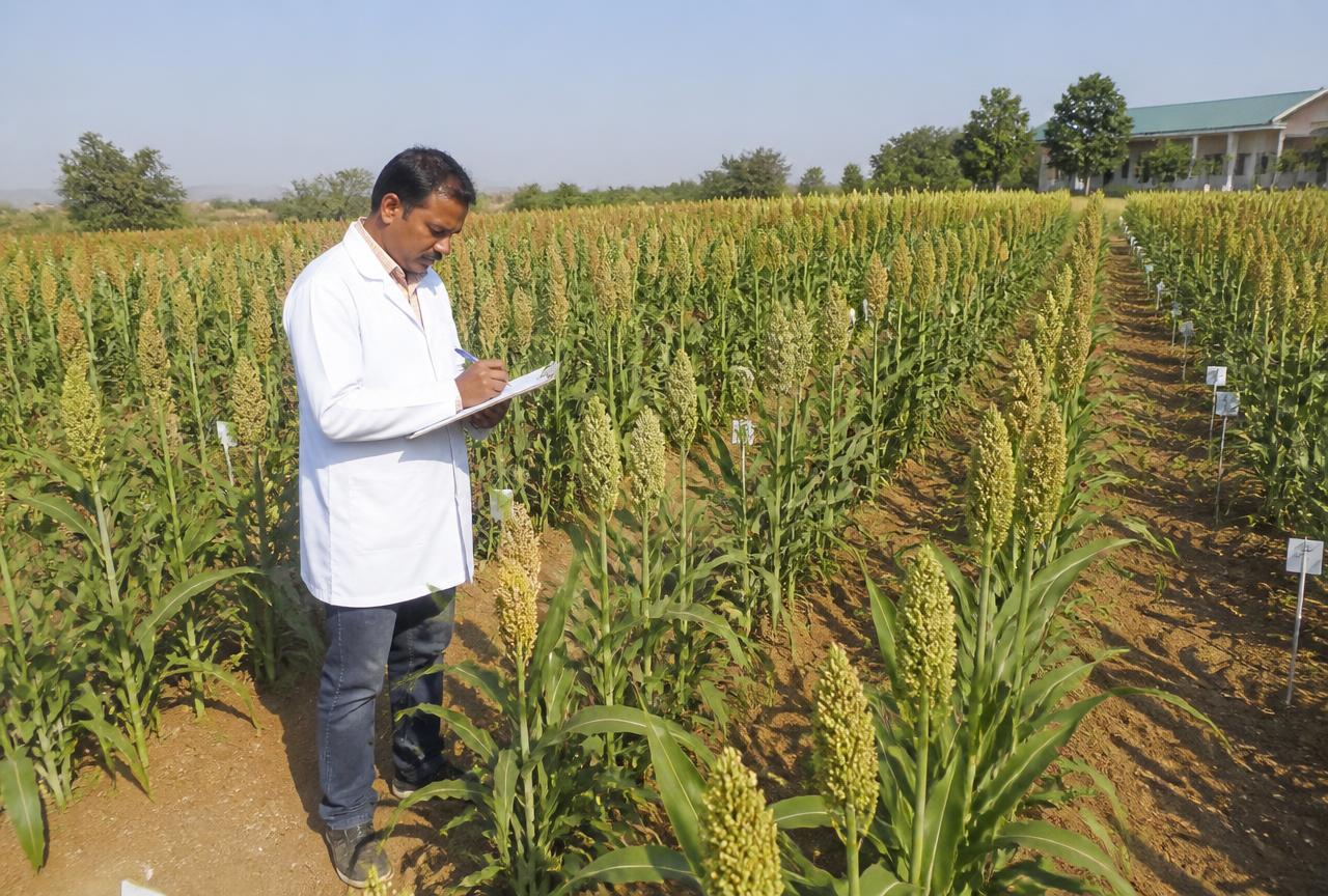 Scientist recording data on replicated sorghum trial plots at a research station
