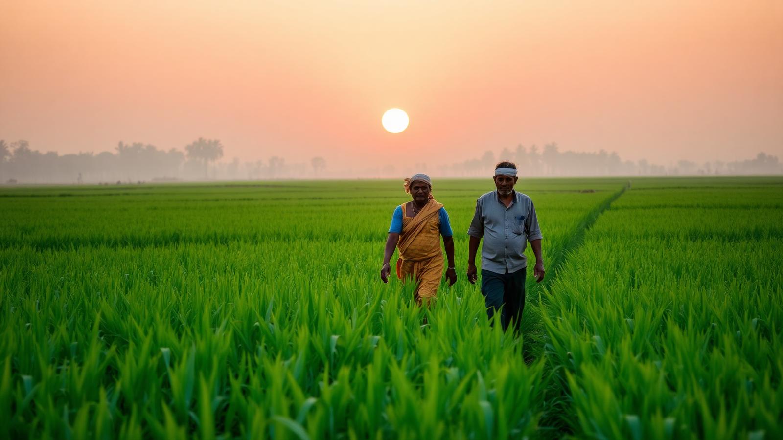 Indian farmers in a field reviewing crop data