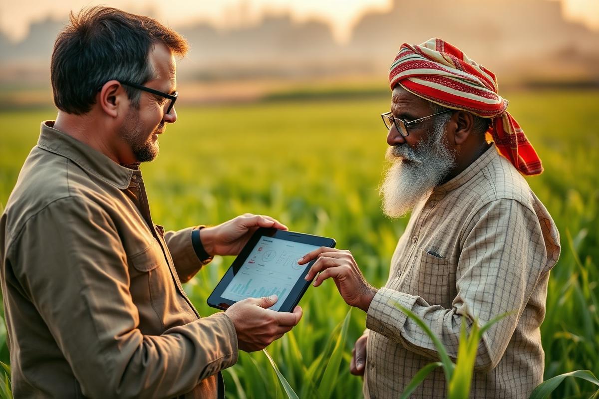 European agronomist and Indian farmer reviewing crop data together in the field