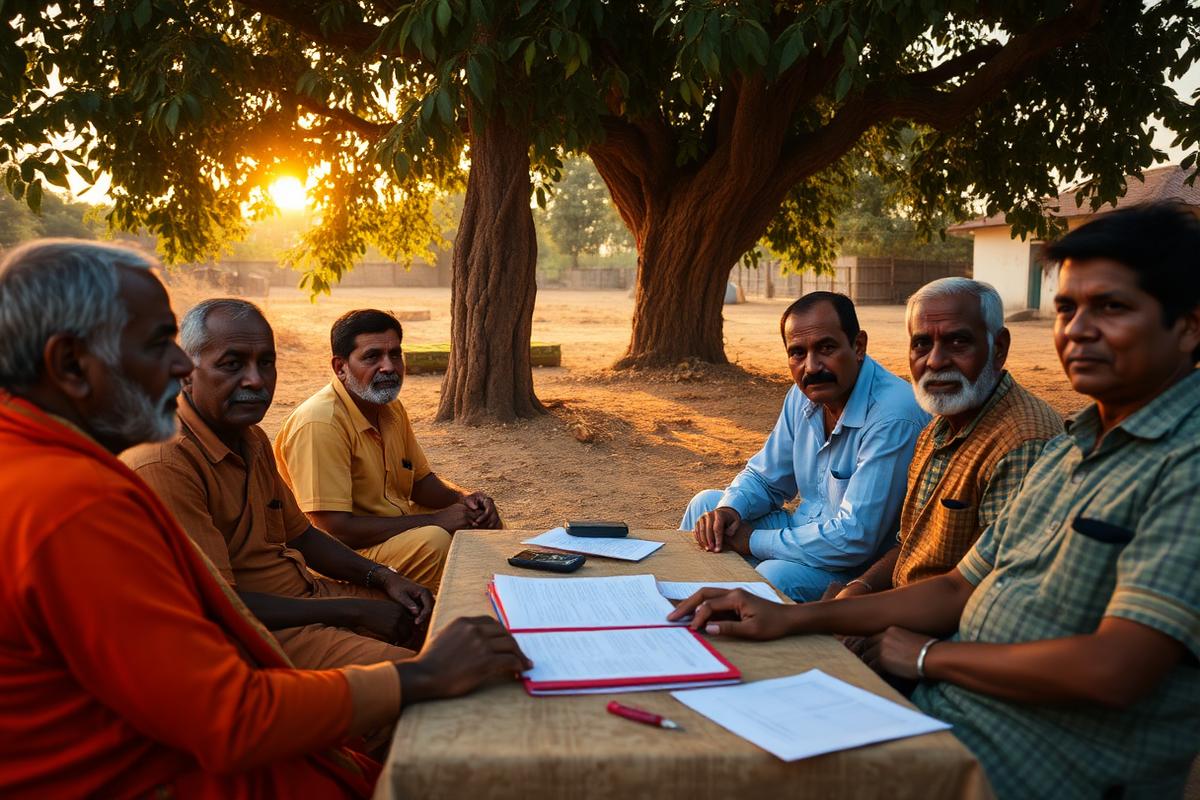 Farmer Producer Organisation committee reviewing governance records in a village meeting