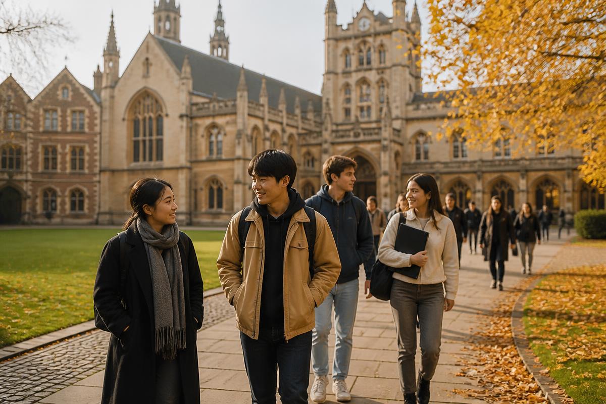 International students walking across a historic UK university campus