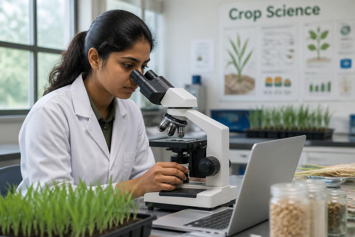 Postgraduate researcher using a microscope in a crop science laboratory