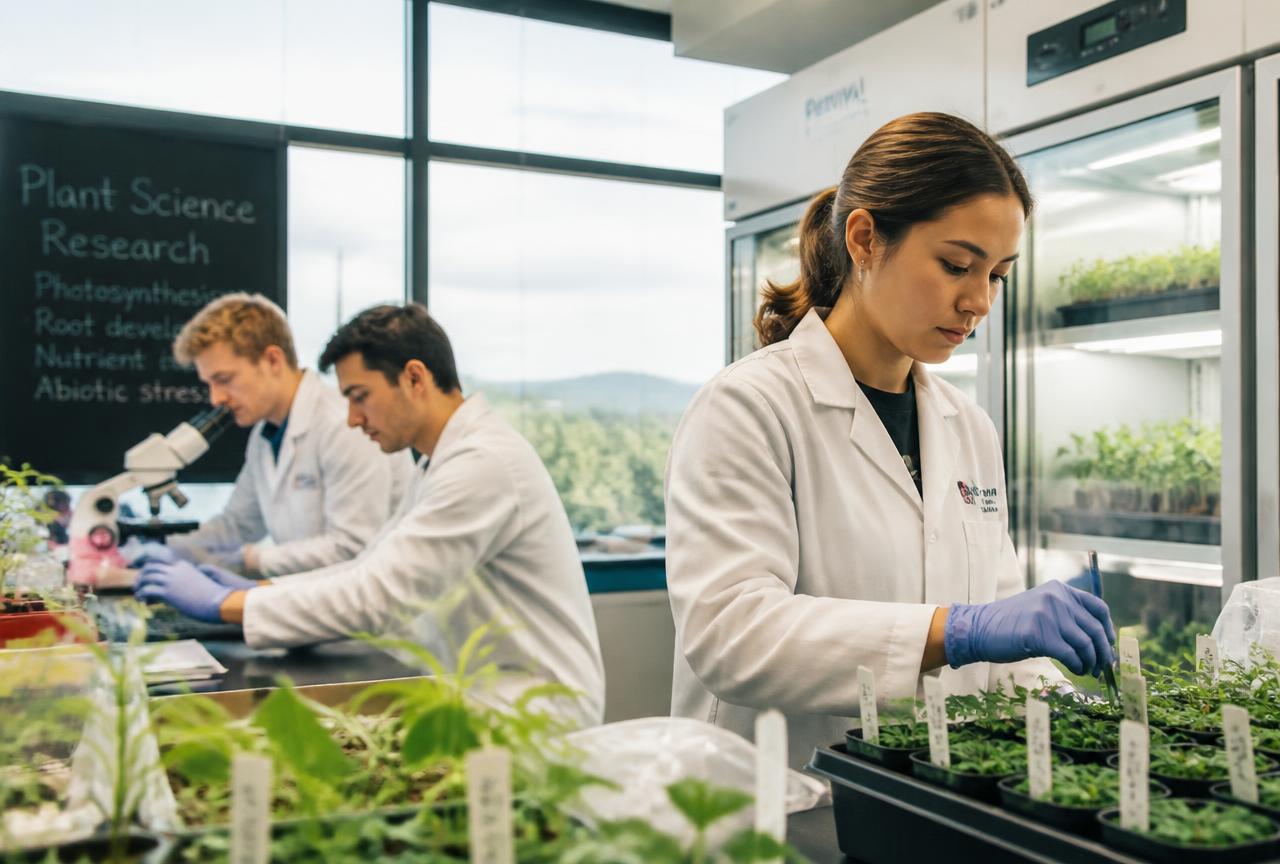 Agriculture students working with seedlings in a university plant science laboratory