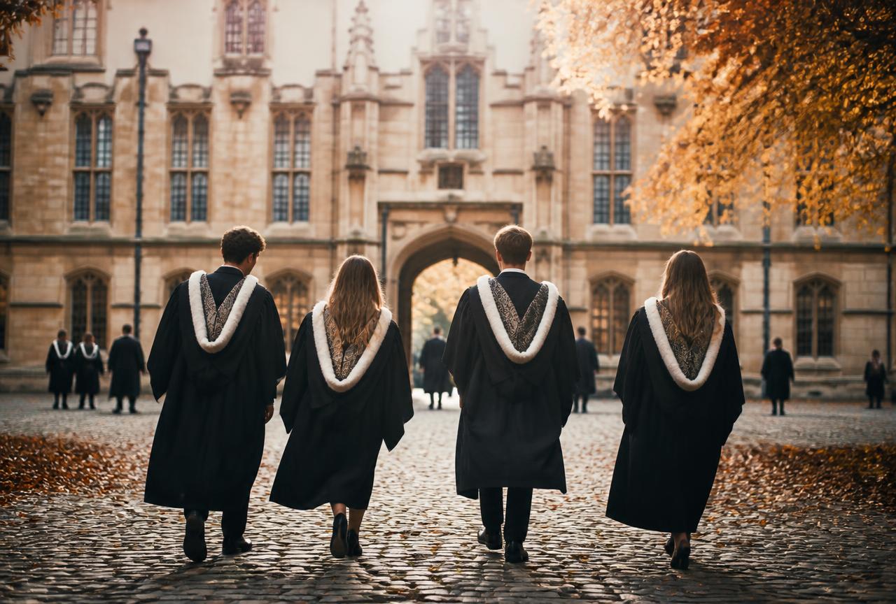 Graduates in gowns walking across a historic British university quad