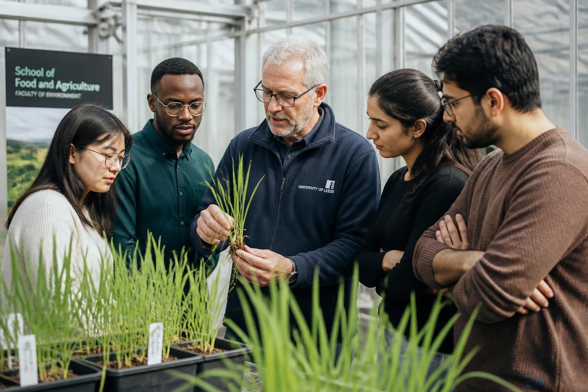 International agriculture students examining wheat seedlings with a professor in a UK research glasshouse