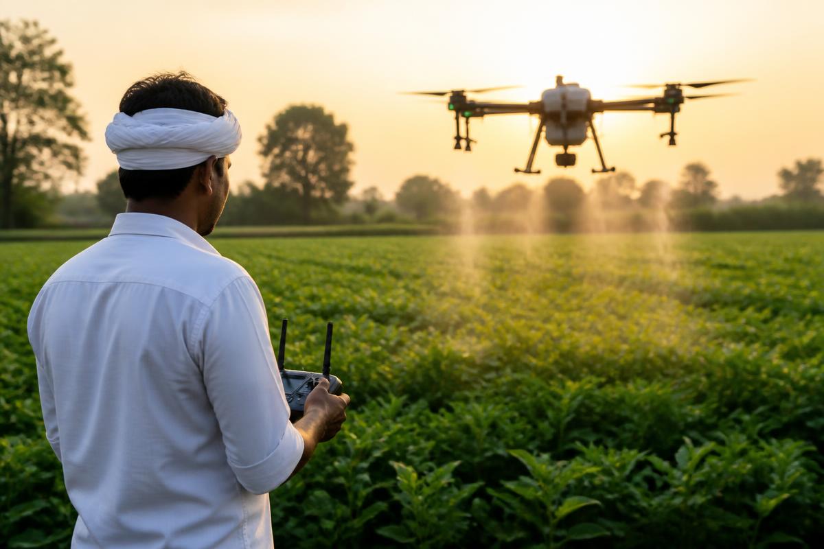 Farmer operating an agricultural spraying drone over a green crop field at sunset