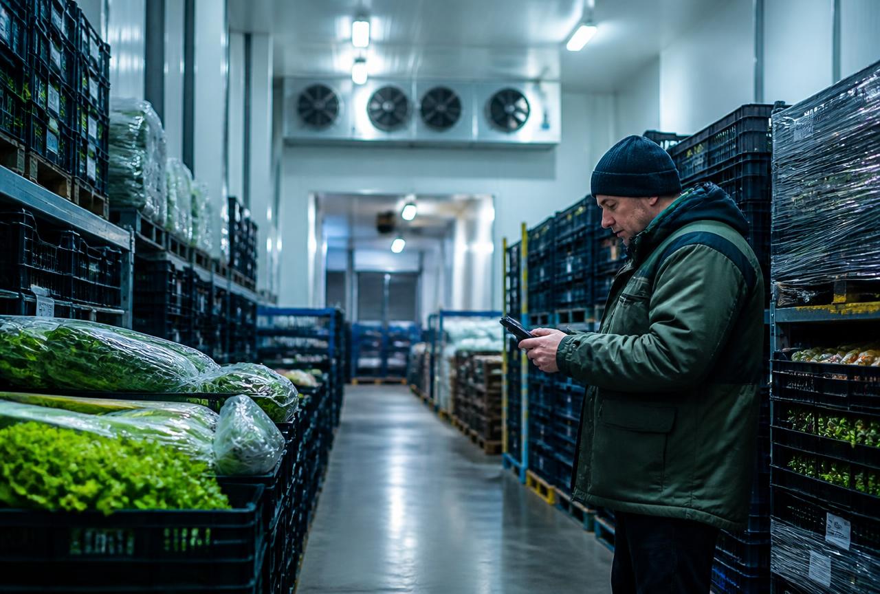 Cold chain warehouse operator checking produce inventory on a handheld device