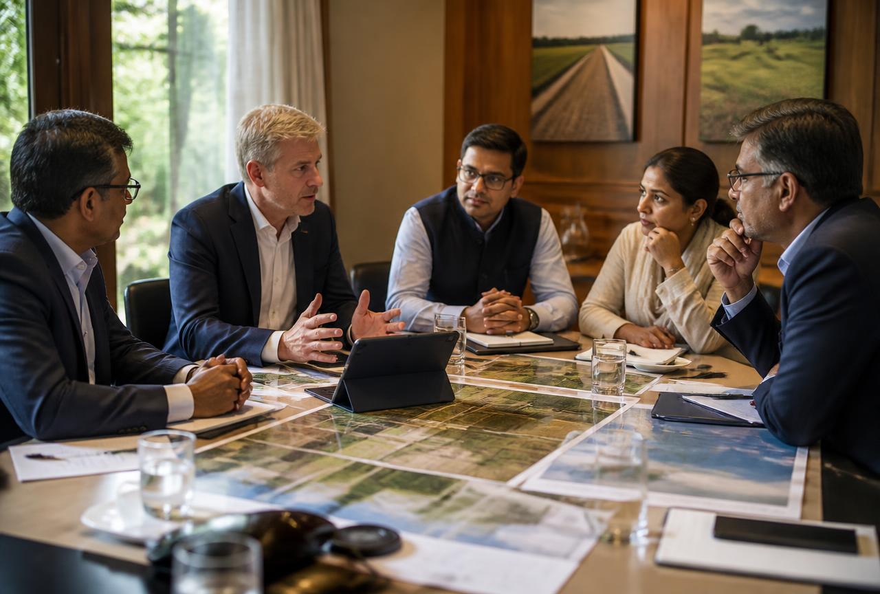 UK and Indian agribusiness executives reviewing field maps in a partnership meeting
