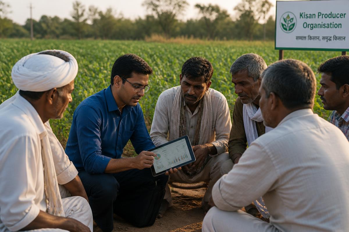 Agronomist reviewing crop data with Farmer Producer Organisation members in an Indian field