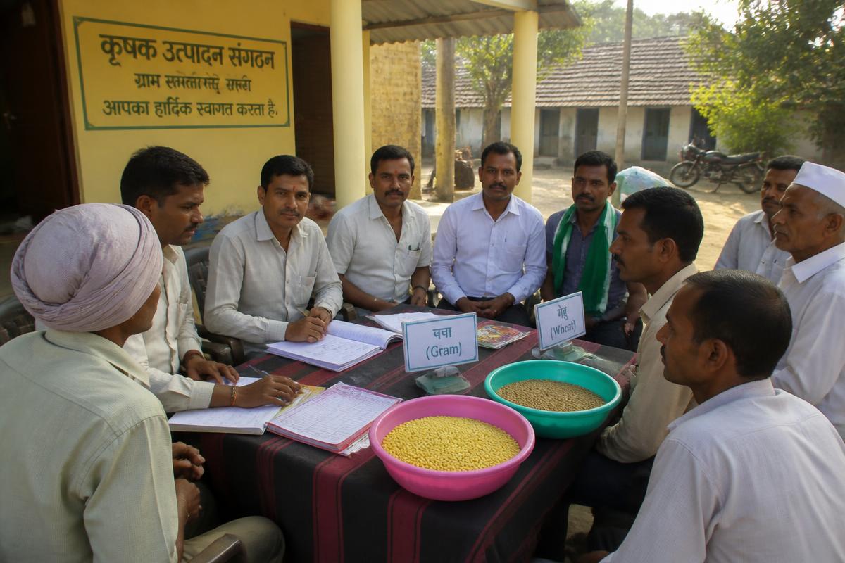 Farmer Producer Organisation committee meeting with ledgers and grain samples in a village courtyard