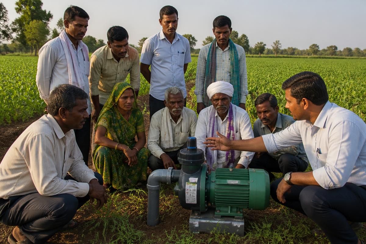 Cooperative members receiving hands-on training on an irrigation pump in the field