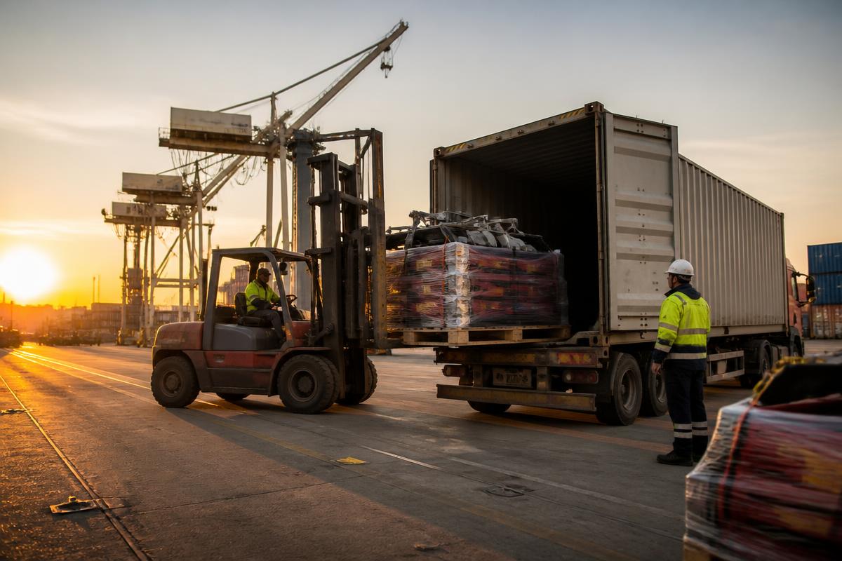 Pallets of farm equipment loaded into a shipping container at a port at golden hour
