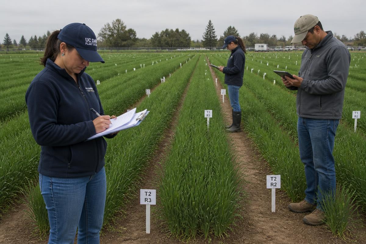 Researchers recording data on replicated crop trial plots