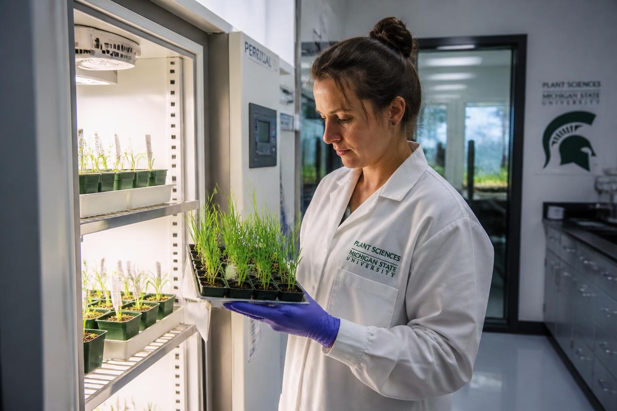 Plant scientist examining seedling trays in a university growth chamber
