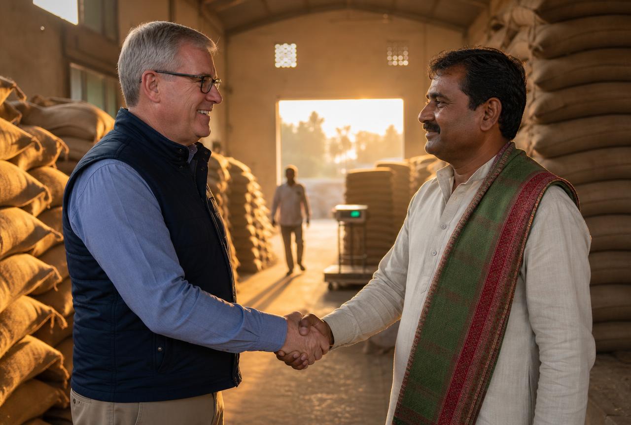 European representative and Indian distribution partner shaking hands in an input warehouse