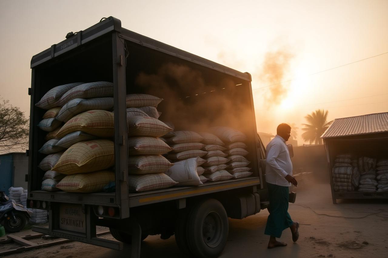 Agricultural goods loaded onto a truck at a rural distribution hub at dawn