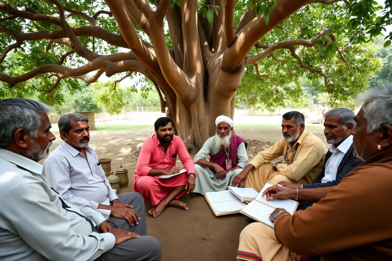 Farmer Producer Organisation committee meeting under a tree in rural India