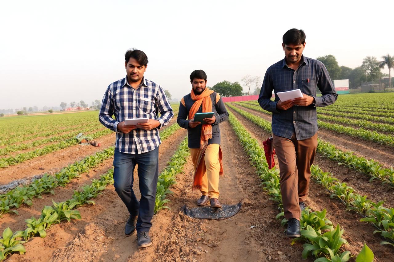 Researchers and cooperative members walking a demonstration plot