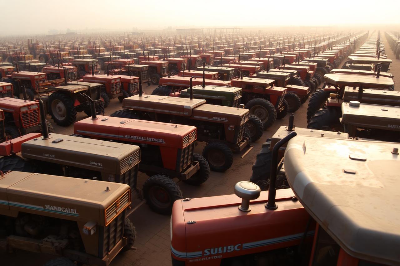 Subsidised farm machinery lined up at a state agriculture depot